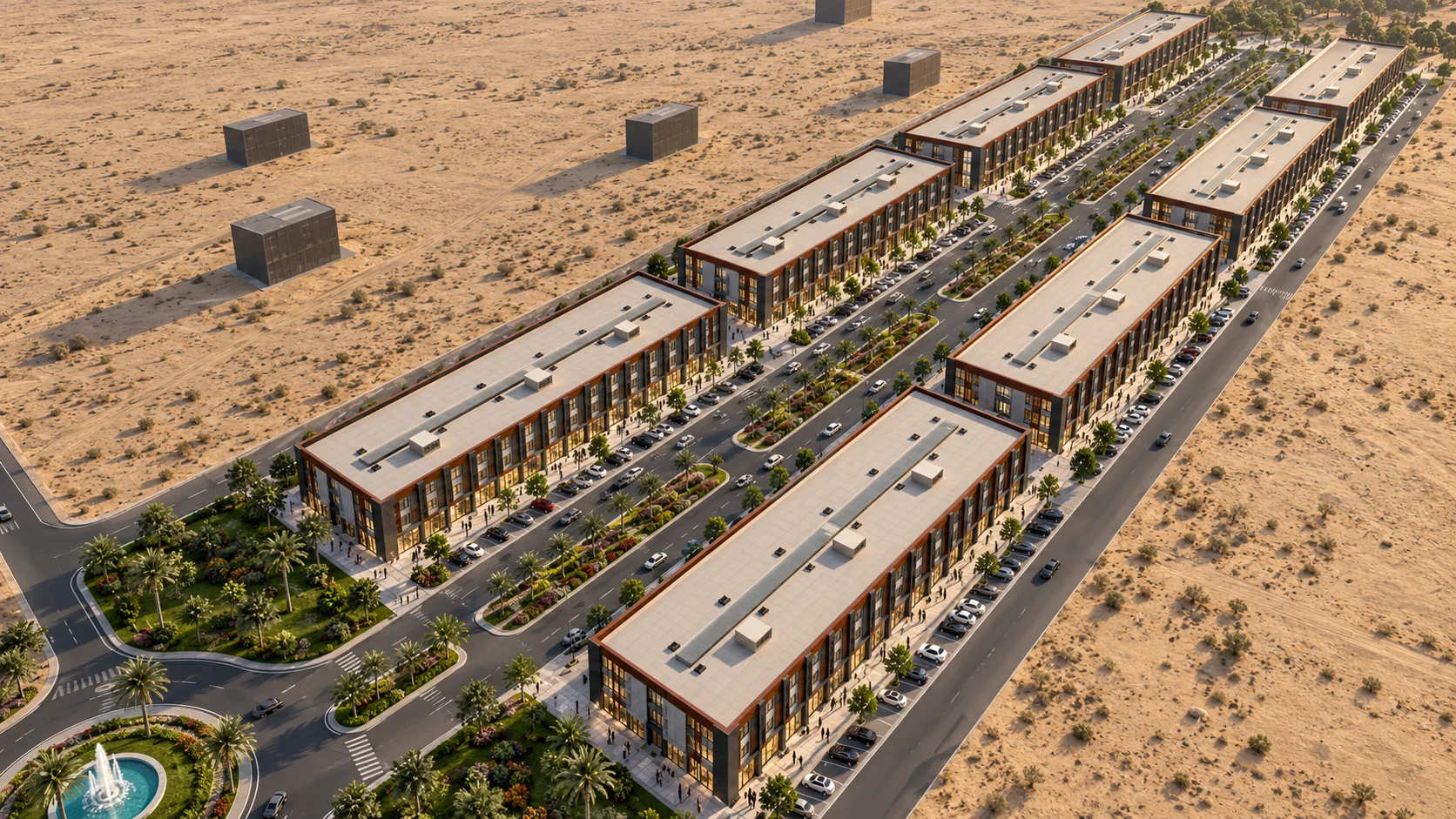 Original OLA Boulevard aerial masterplan visualization with the proposed blocks on each side of the main road