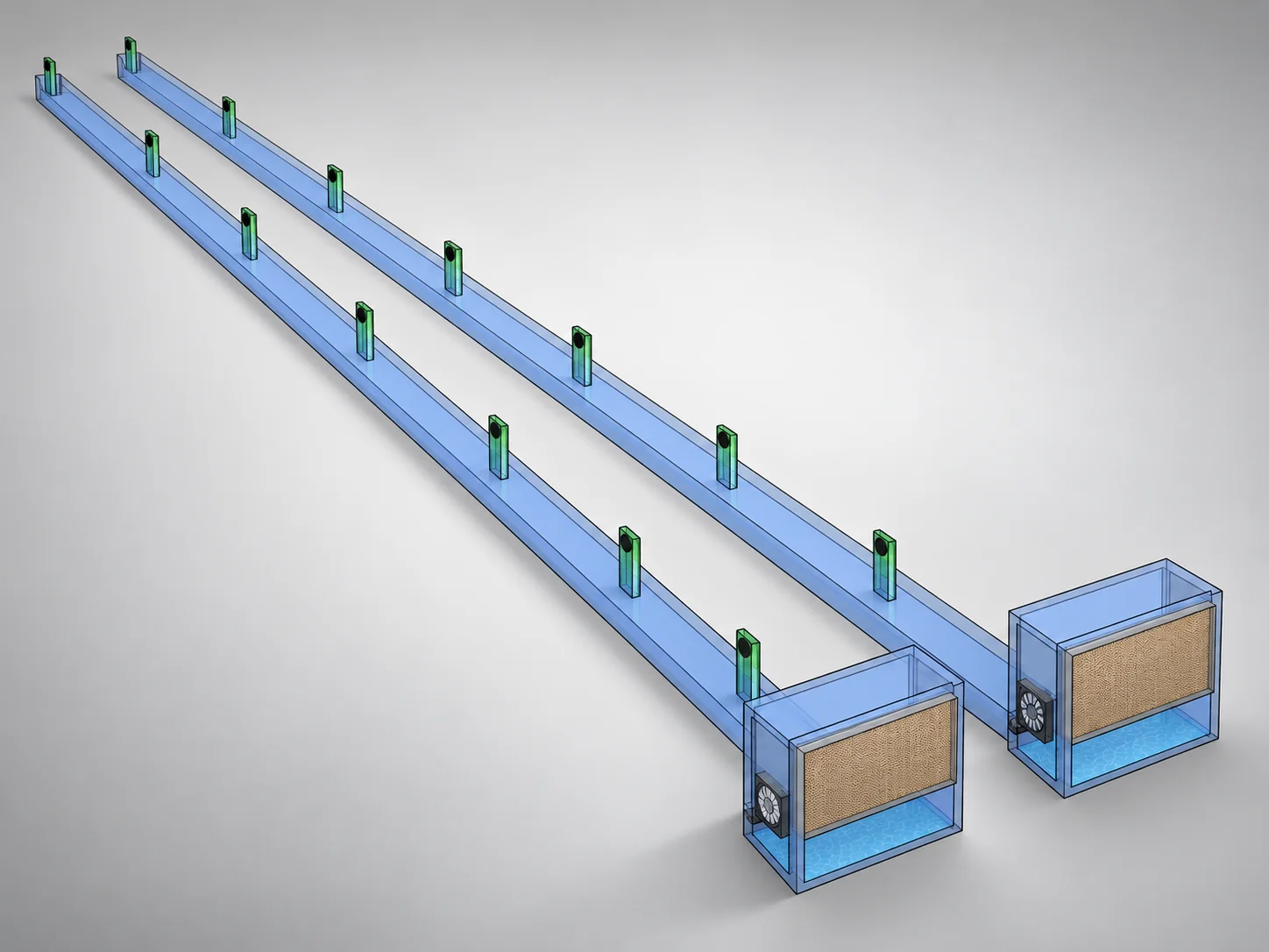 Accepted conceptual rendering showing two parallel straight air ducts with repeated outlets and two fan-and-pad units