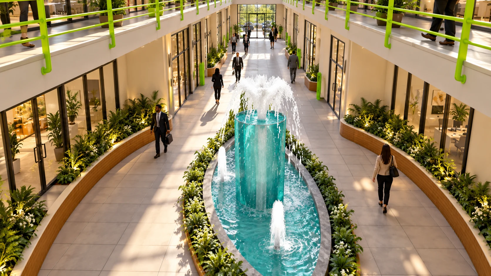 Original top-looking-down view of an oval fountain and curved planting in the gallery