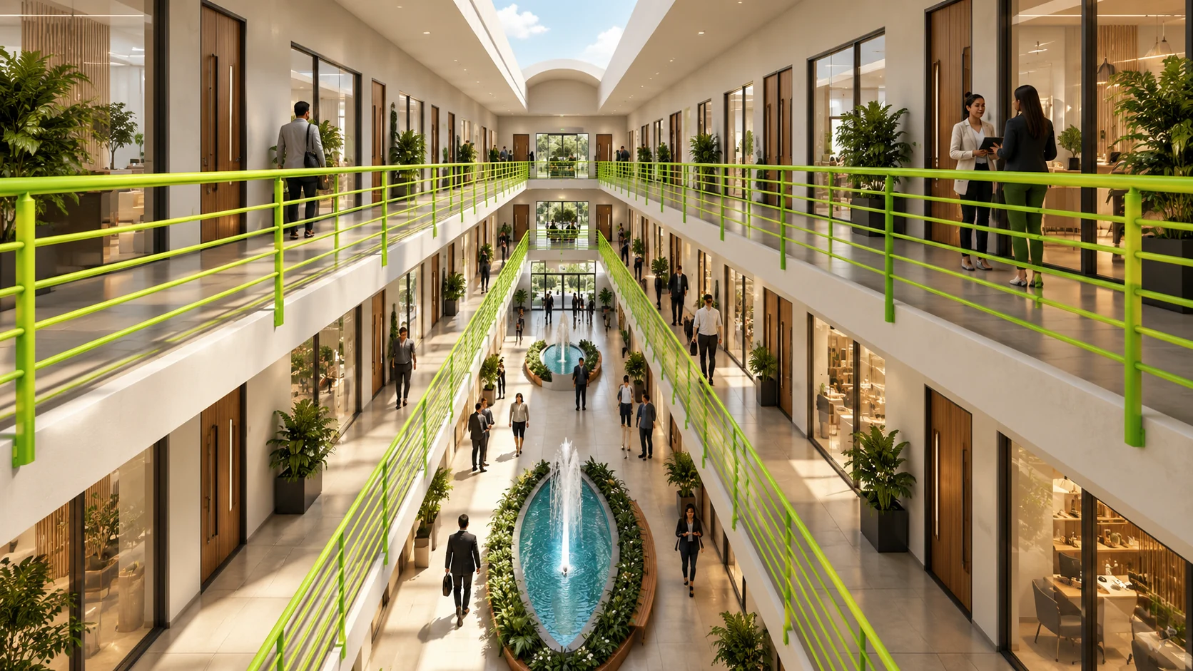 Original atrium frame showing roof-level daylight opening and balconies