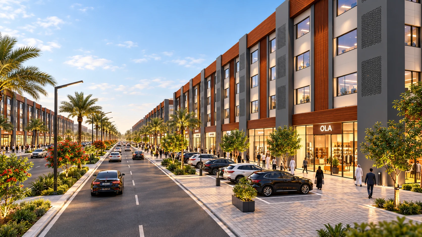 Actual OLA Boulevard video frame showing charcoal vertical columns, wood-toned accents and shopfronts